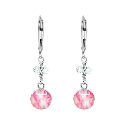 pink breast cancer awareness dangle earrings with crystal clear quartz faceted stones