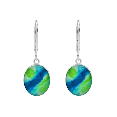 Diabetes awareness earrings in sterling silver with green and blue hanging pendant. 