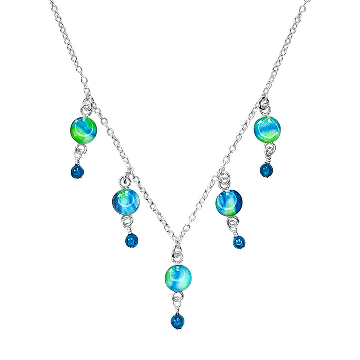 close up of green and blue necklace for diabetes awareness that gives back to research with apatite stones