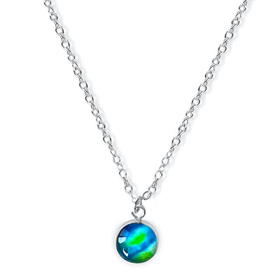 Diabetes Awareness Necklace in sterling silver with blue and green round pendant set in resin.