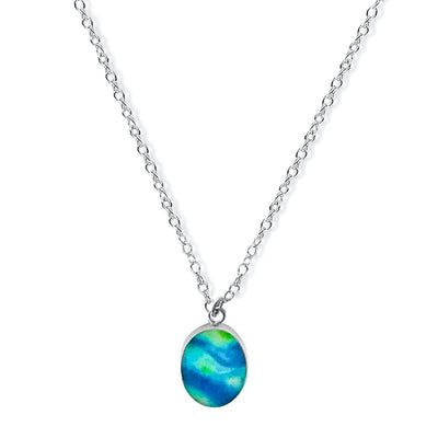 blue and green oval pendant on chain for diabetes awareness gives back to charity