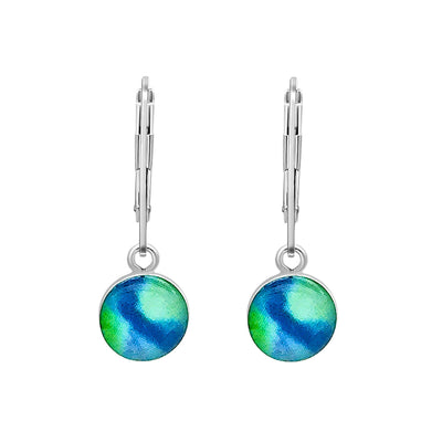 Blue and green sterling silver Diabetes earrings for diabetes awareness with resin pendants on sterling silver leverbacks.