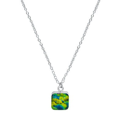 close up of square blue, green and yellow pendant chain necklace for HIV AIDS awareness gives back to research