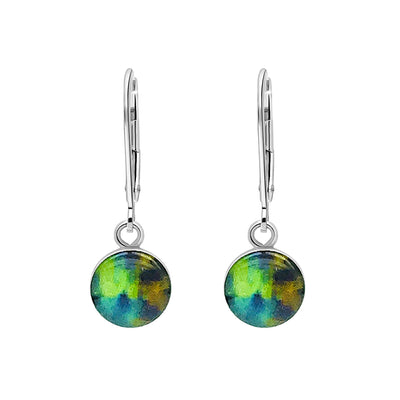 Blue and green sterling silver earrings for HIV and AIDS awareness with resin pendants on lever backs