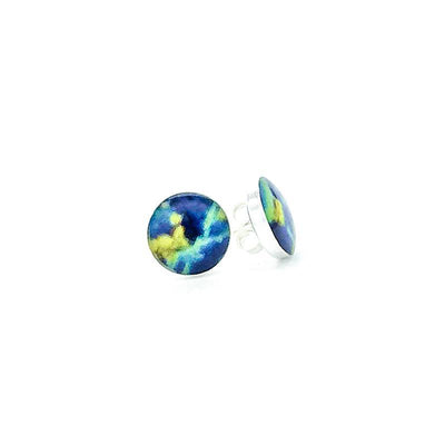 HIV AIDS awareness jewelry sterling silver studs with yellow blue and green images set in resin post earrings