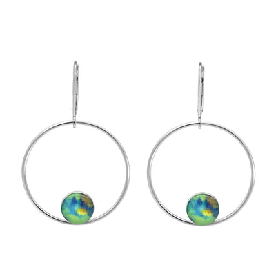 unity hoop earrings for HIV AIDS awareness, sterling silver large hoops with smaller circular pendants at bottom of HIV AIDS scientific image under resin