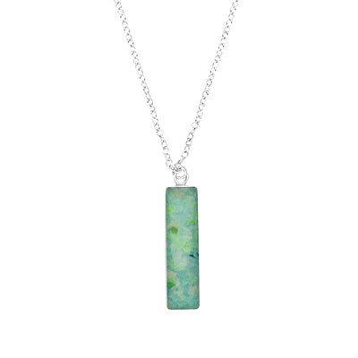 Green Longevity Alzehmer’s Necklace in sterling silver with long rectangular pendant in resin.  