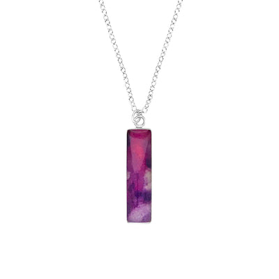 Lung Cancer Necklace in sterling silver with long rectangular pendant with shades of purple and pink.