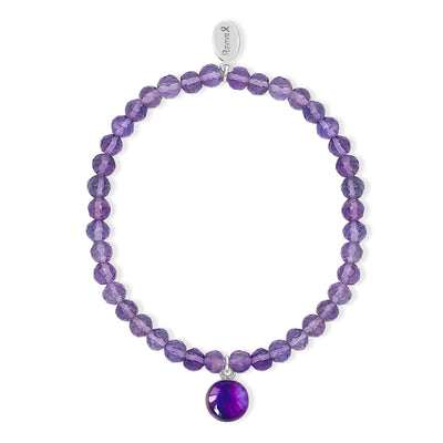 Lung Cancer bracelet with purple amethyst and small round sterling silver pendant.