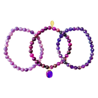 lung cancer awareness stacking bracelet set with lepidolite and purple amethyst that gives back to charity in 14k gold filled