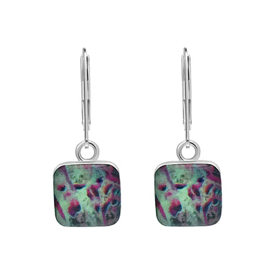 mint green and pink liver cancer and disease awareness earrings in sterling silver and square shaped resin pendants give back to research