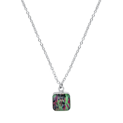 close up of square green, pink & black pendant chain necklace for liver cancer disease awareness gives back to research