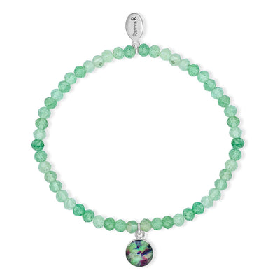 Liver Cancer  bracelet with green quartz stones and small round sterling silver pendant containing liver cancer cell image under resin.