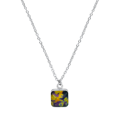 close up of square purple & yellow pendant chain necklace for lymphoma awareness gives back to research