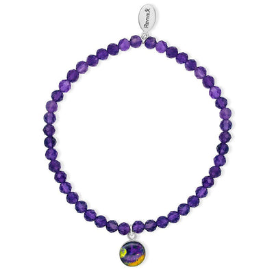 Lymphoma stretch bracelet in purple with dark purple amethyst stones and small round silver pendant. 