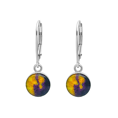 Purple and yellow sterling silver earrings for lymphoma awareness with resin pendants on lever backs
