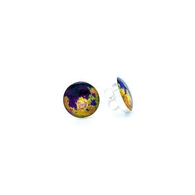 Lymphoma Jewelry sterling silver studs with purple orange and yellow images set in resin
