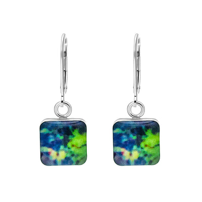 colorful melanoma skin cancer awareness earrings in sterling silver and square shaped resin pendants give back to research