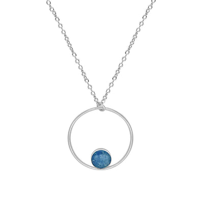 The Unity MS Necklace with silver circle and blue round pendant on a sterling silver chain.