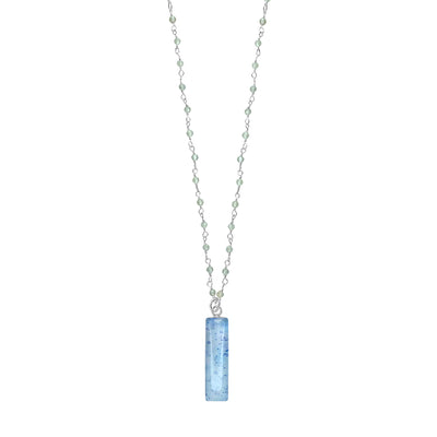 MS Necklace in sterling silver with long labradorite chain with light blue rectangular pendant. 