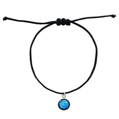 black adjustable cord bracelet with a small round pendant that contains a hand cut image of a healthy human T cell under resin