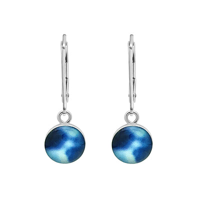 Blue sterling silver earrings for Childhood Cancer awareness with resin pendants on lever backs