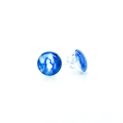 sterling silver studs with blue and white images of childhood cancer neuroblastoma set in resin post earrings