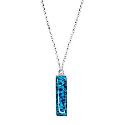 close up of teal ovarian cancer rectangular pendant on Sterling silver chain