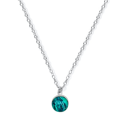 close up of teal pendant ovarian cancer necklace for ovarian cancer research and awareness.