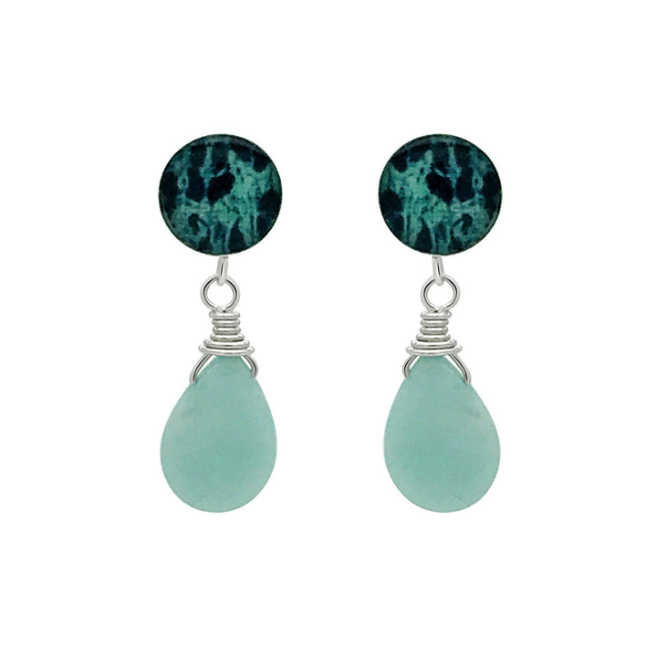 sterling silver stud with ovarian cancer cell image in resin and faceted amazonite stone drop