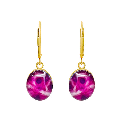 purple pancreatic cancer awareness oval earrings with resin in gold filled