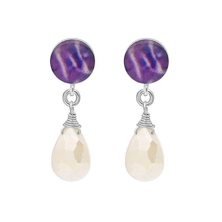 sterling silver stud  earrings with purple pancreatic cancer cell image under resin and faceted mystic moonstone dangle
