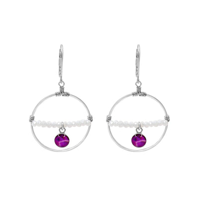 purple pancreatic cancer pendants on a row of white crystal across sterling silver hoops for awareness