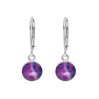 Purple sterling silver earrings for Pancreatic Cancer awareness with resin pendants on lever backs