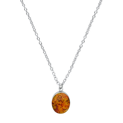 Close up of yellow, orange and red oval pendant for prostate cancer awareness pendant necklace gives back to charity