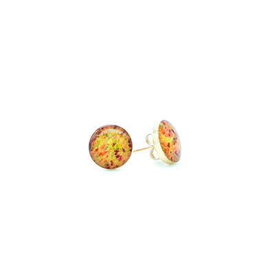 Cancer awareness earrings in sterling silver with yellow orange red and green images set in resin .