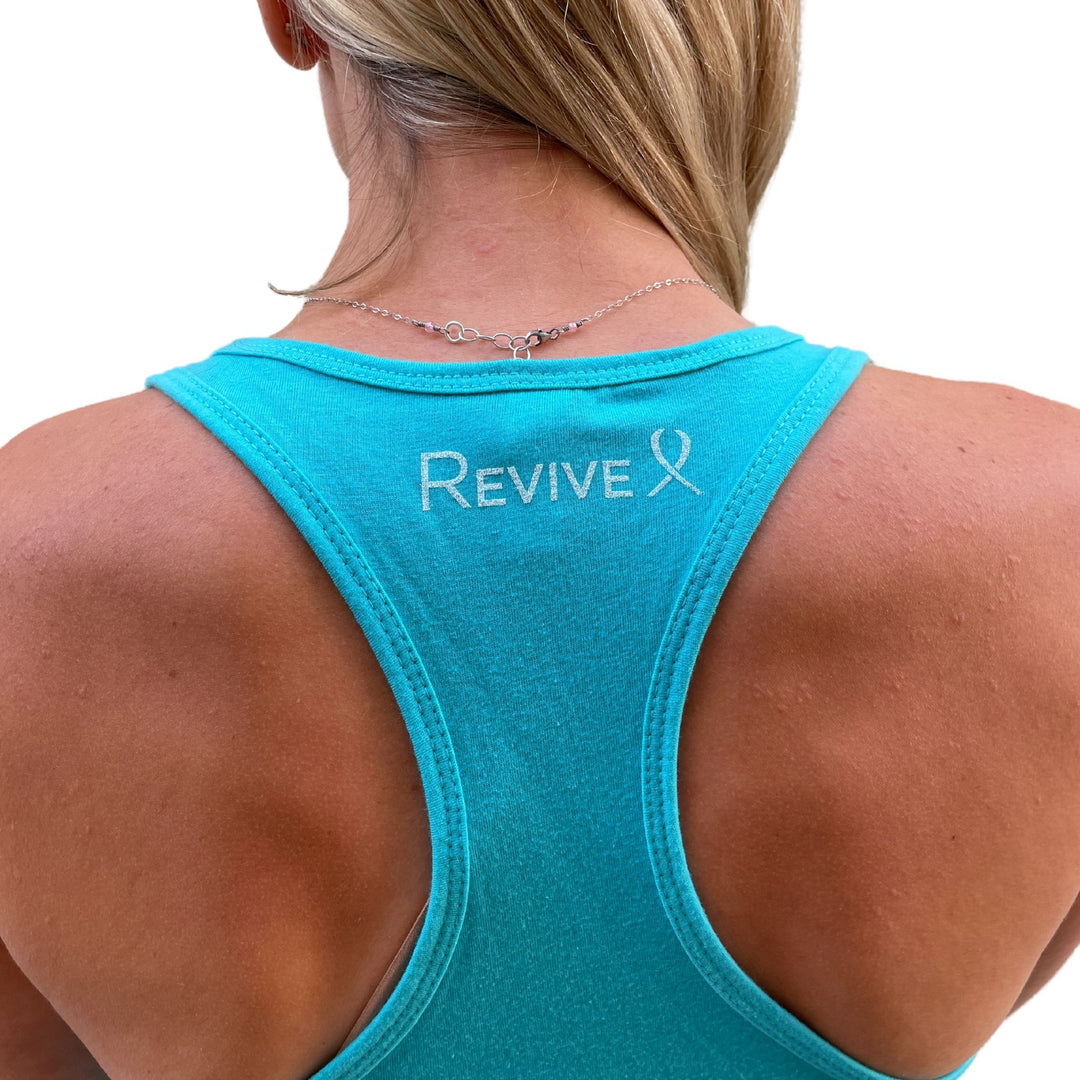 model showing back of racerback tank top with Revive and awareness ribbon logo
