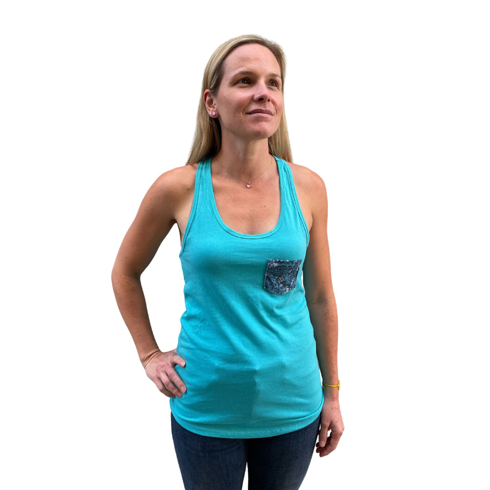model wearing ovarian cancer awareness tank top for charity