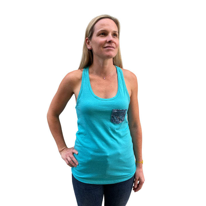model wearing ovarian cancer awareness tank top for charity