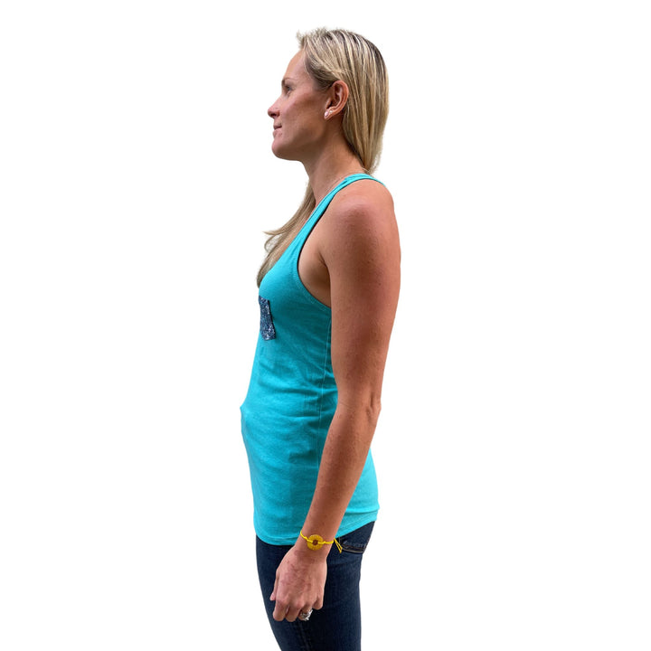 side view of model wearing teal ovarian cancer tank top that gives back to charity